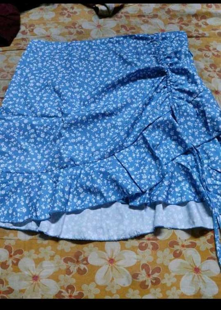 Blue Floral Ruched Mini Skirt