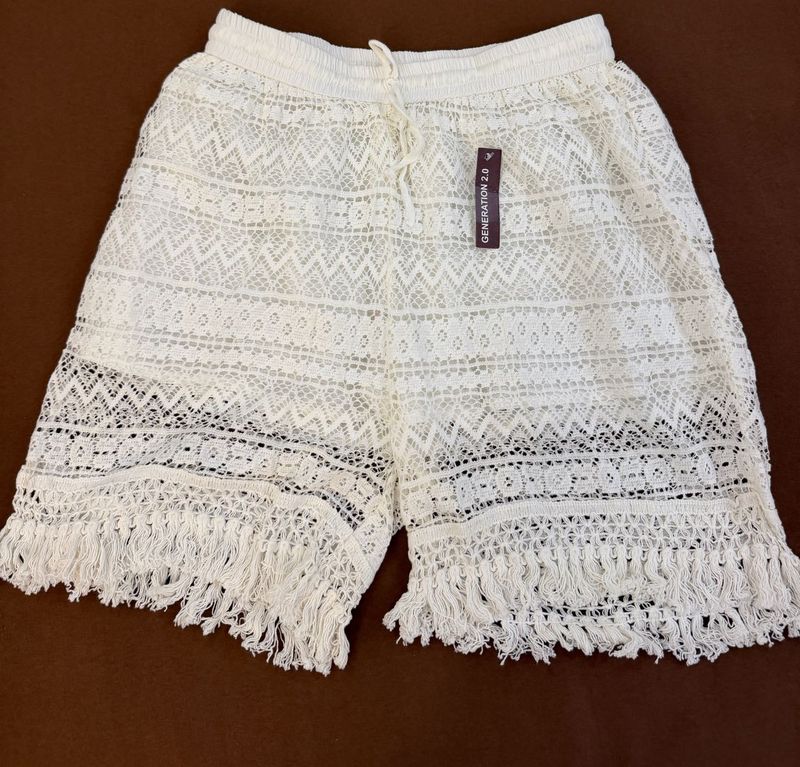 White Lace Fringe Shorts