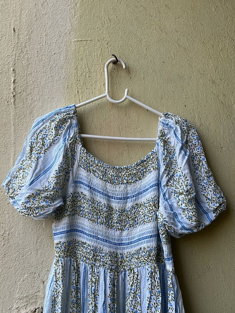 Brand New Zudio Boho Blue Floral Smocked Dress