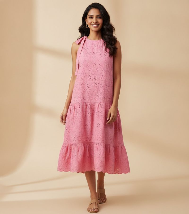 Pink Broderie Anglaise Midi Dress