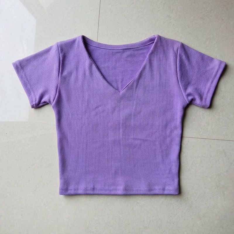 Purple V-Neck Ribbed Crop Top