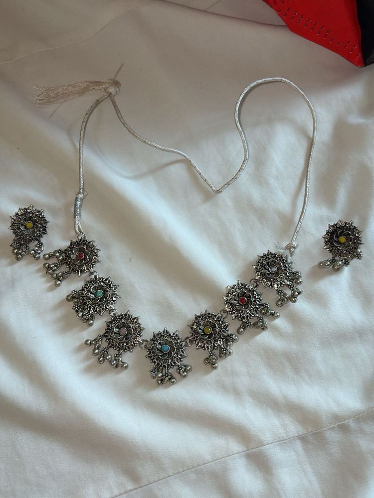 Boho Oxidized Silver Necklace Set