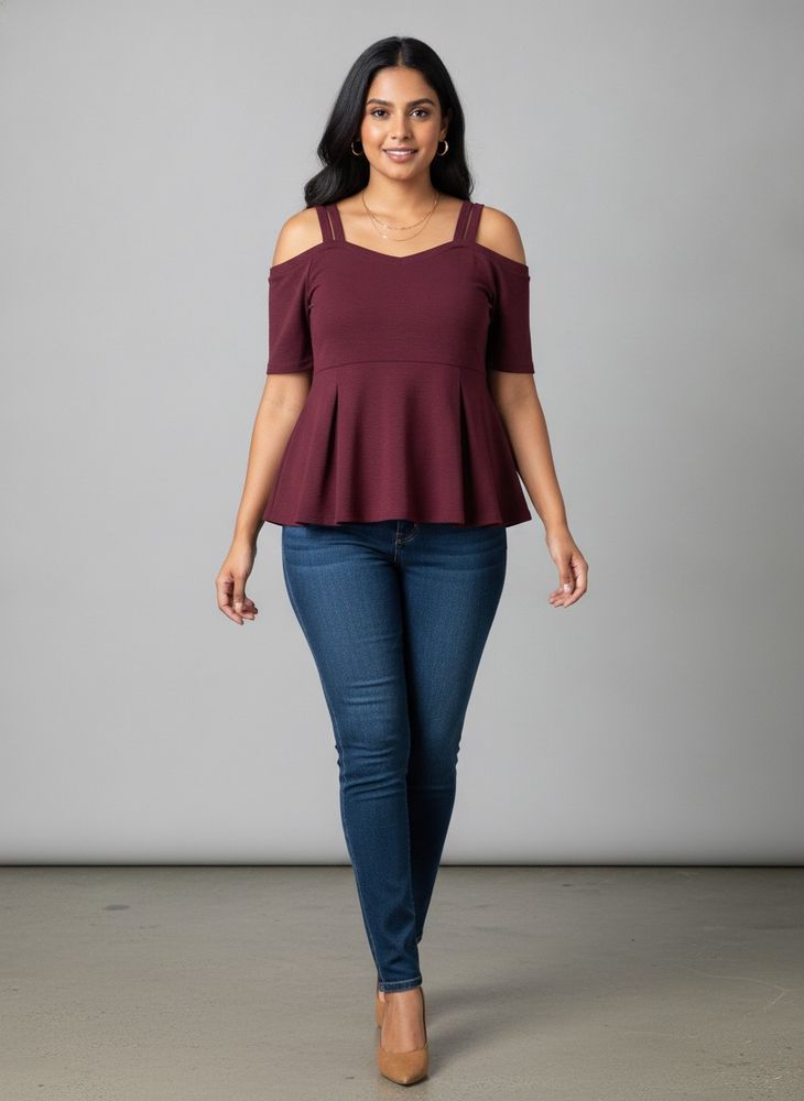 Burgundy Cold Shoulder Peplum Top