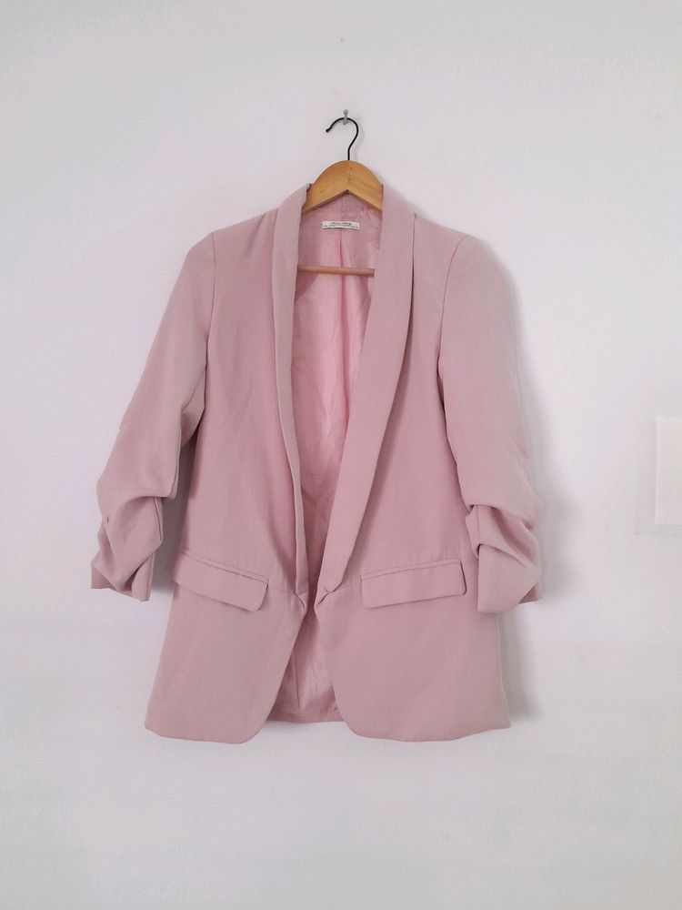 Chic Blush Pink Ruched Sleeve Blazer