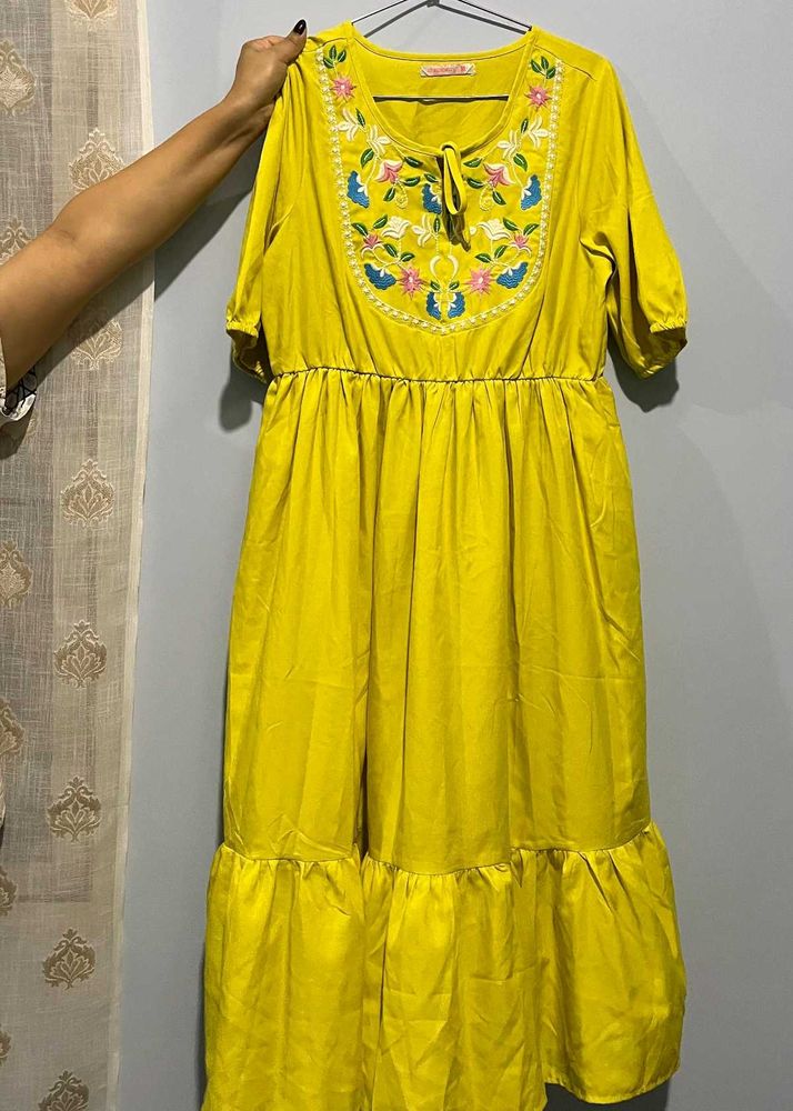 Vibrant Yellow Embroidered Maxi Dress