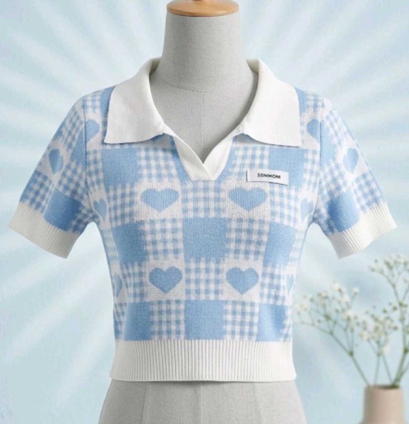 Cute Blue Plaid Heart Top