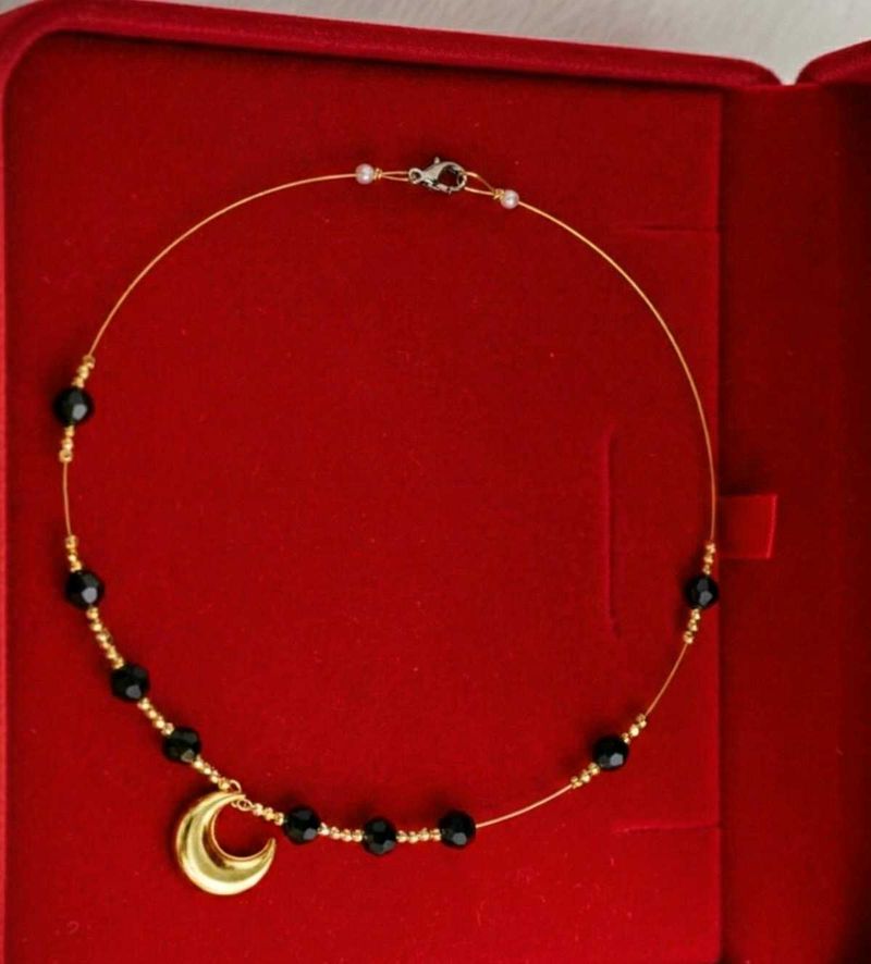 Crescent Moon &amp; Black Bead Necklace