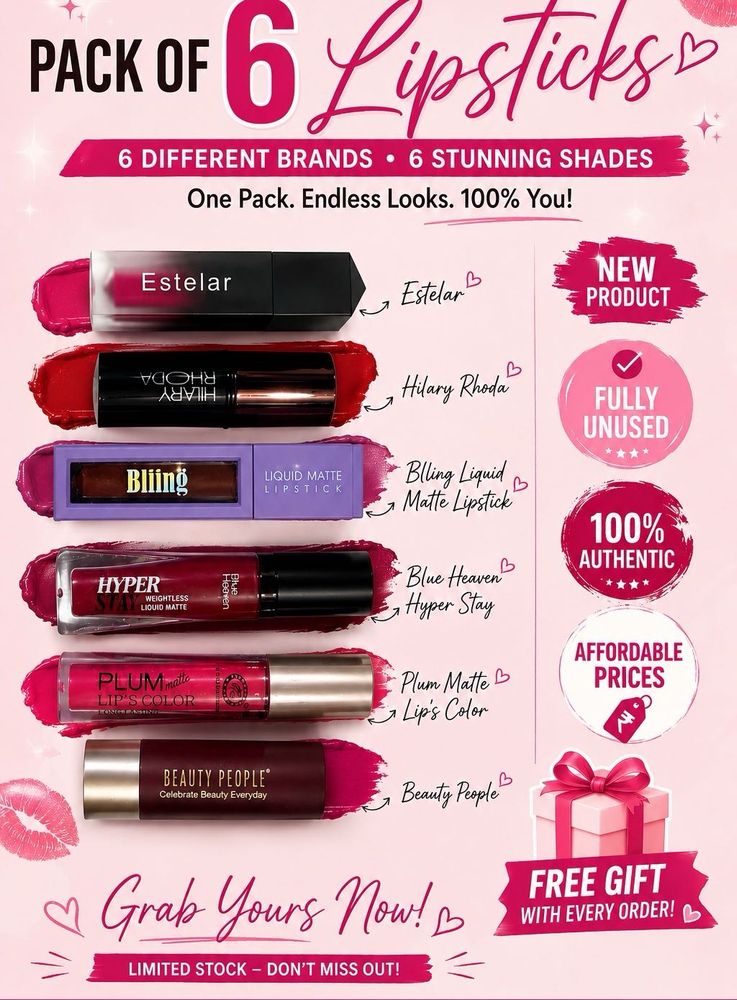 Pack of 6 Matte Lipsticks -Different Brands
