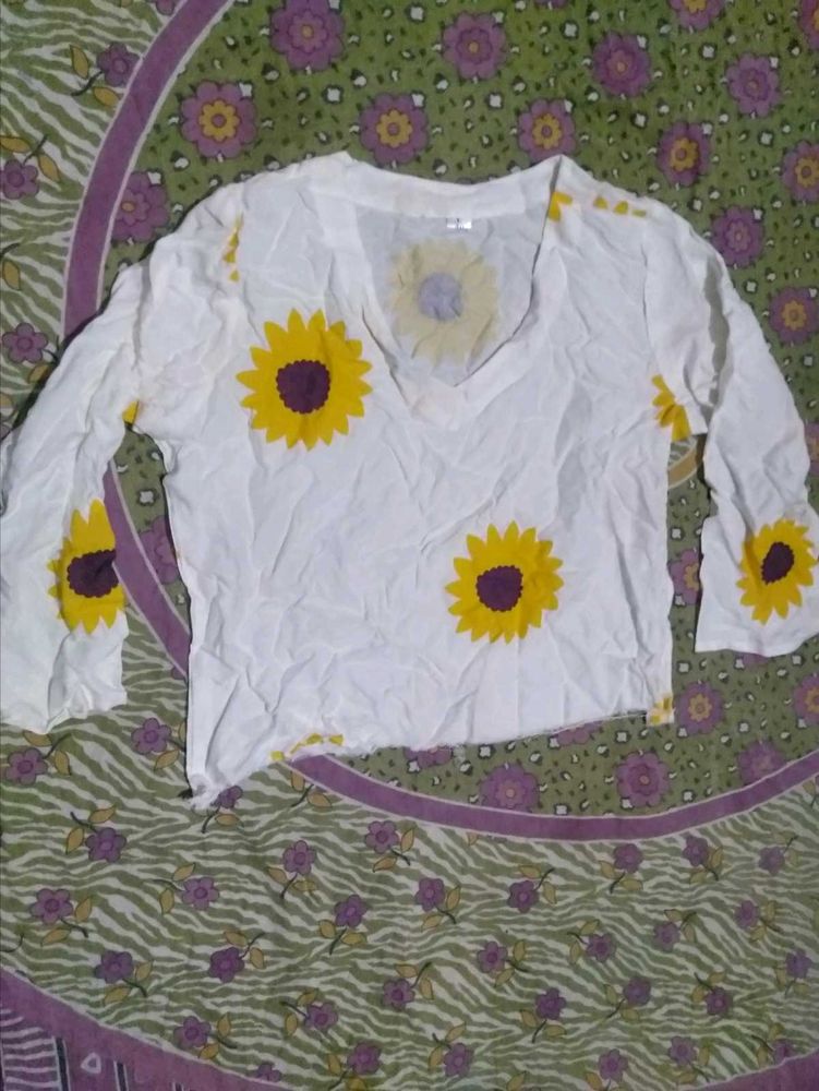 White Sunflower Print Top