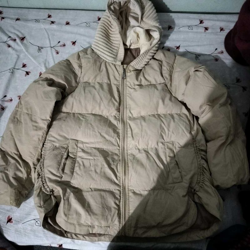 Beige Puffer Jacket with Hood