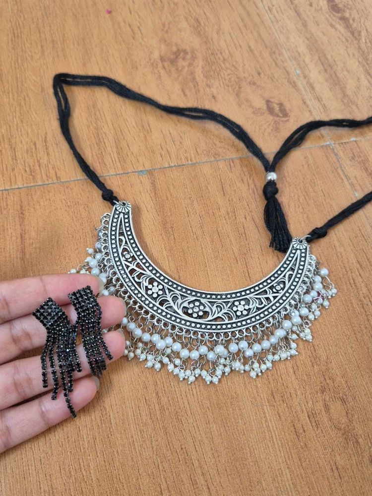 Oxidized Silver Necklace with Earrings