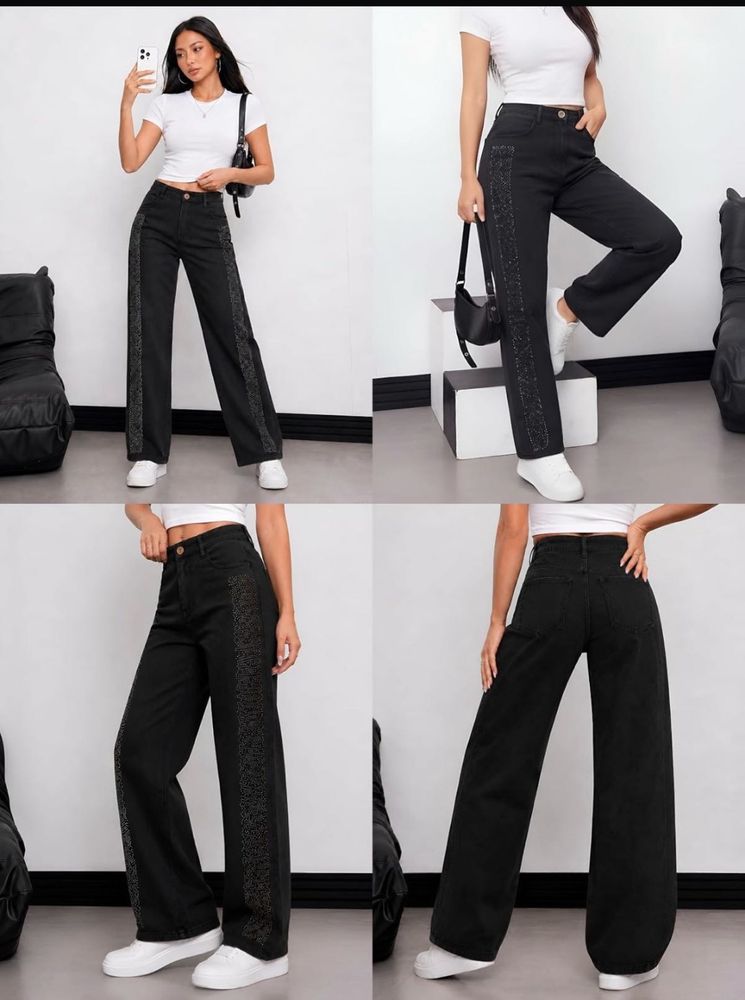 Chic Black Wide Leg Jeans with Embellished Stripes