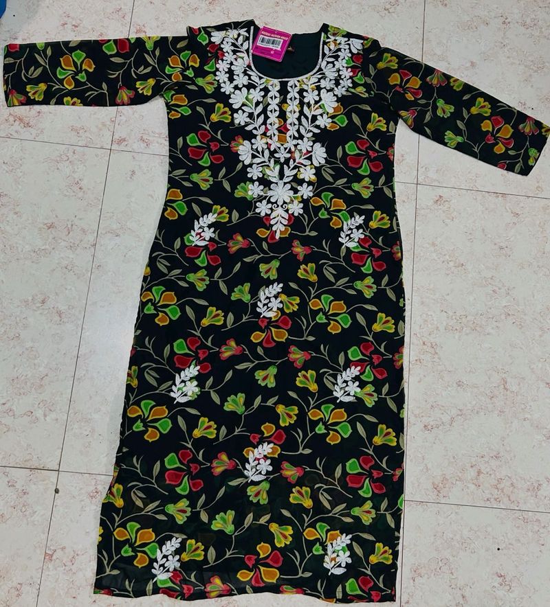Chikonkari work Black Floral Kurta
