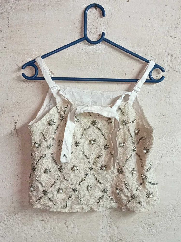 Embellished White Lace Crop Top