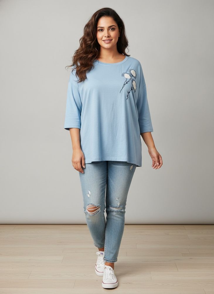 Light Blue Embroidered Flower Top