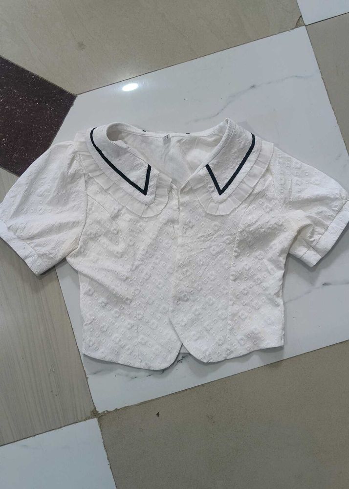 Chic White Puff Sleeve korean Collared Top