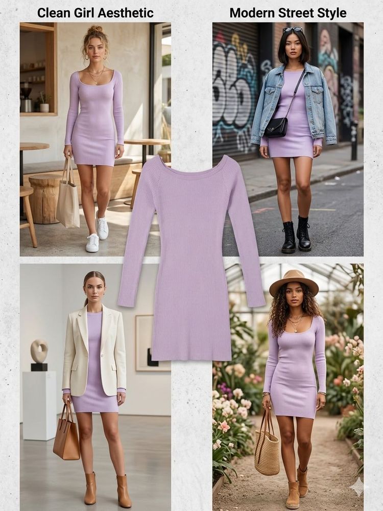 Lilac Ribbed Knit Mini Dress