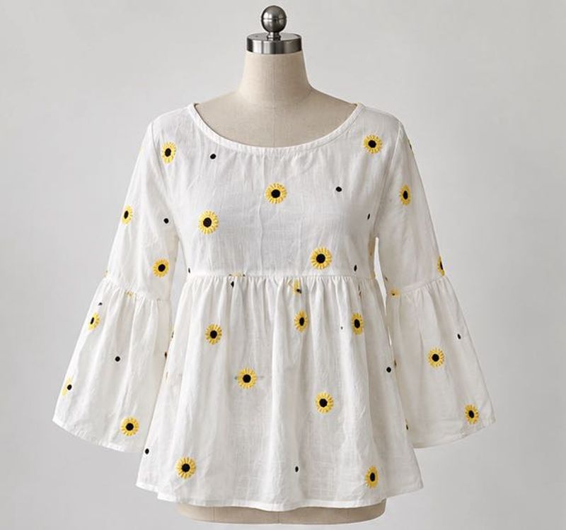 Charming Sunflower Embroidered Bell Sleeve Top
