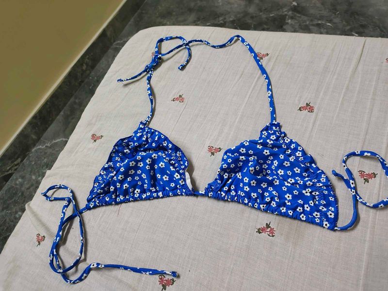 Blue Floral Triangle Bikini Top