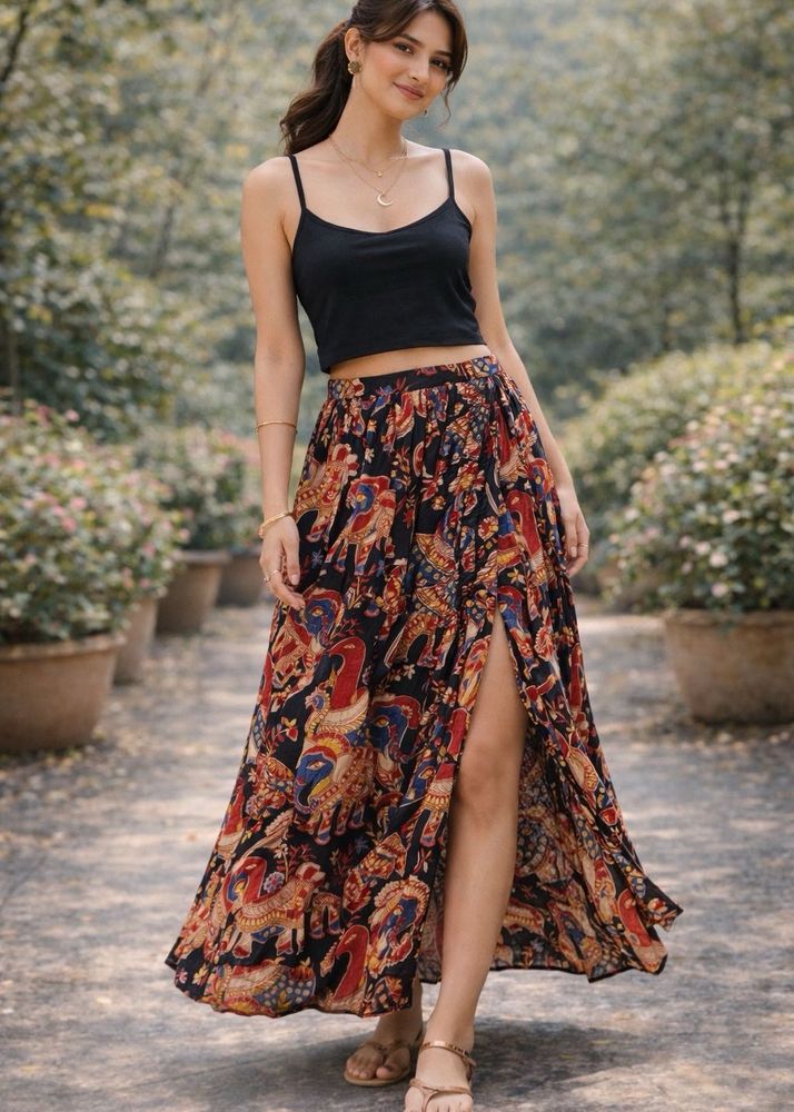 Boho Elephant Print Maxi Skirt with Slit