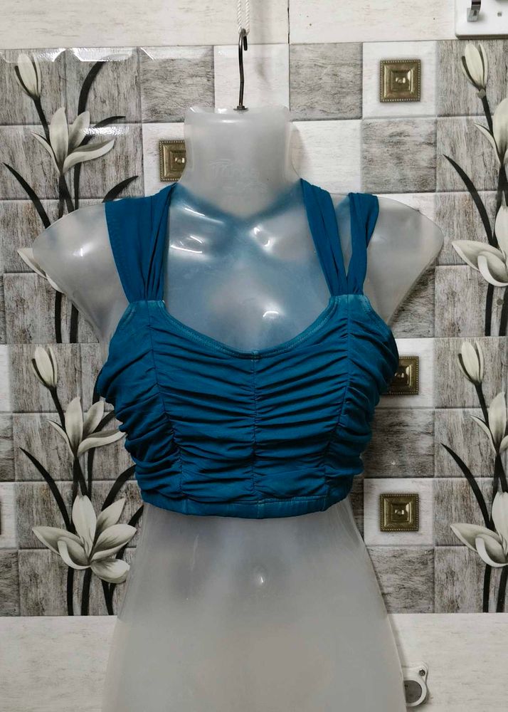 Blue Ruched Crop Top