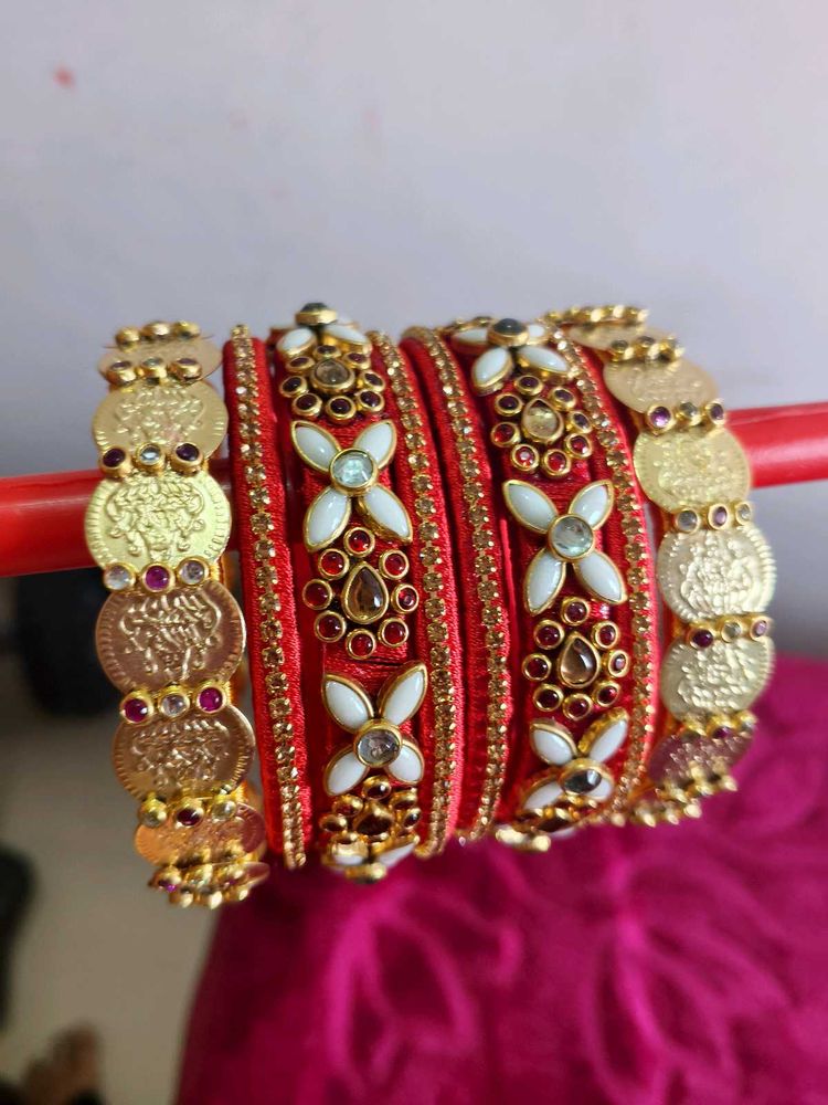 Red Embellished Bangle Set with Coin Accents