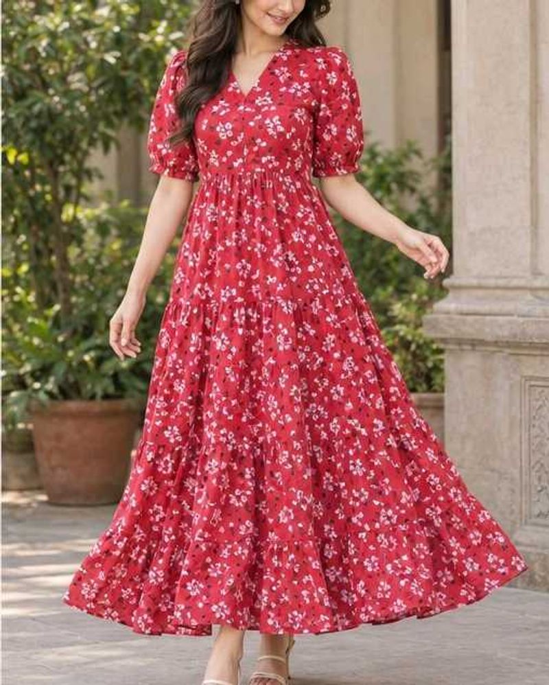 Women's Red Floral Print Maxi Dress