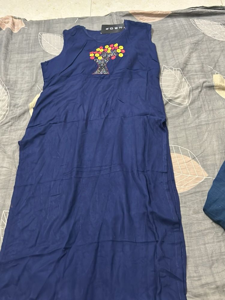 Women's Blue Kurta with Tree Embroidery