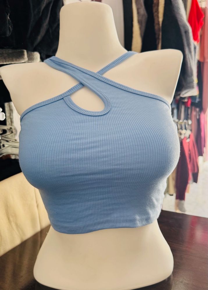 Blue Ribbed Halter Crop Top