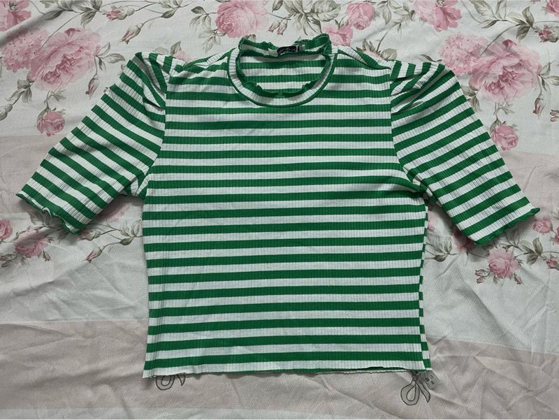 Green &amp; White Striped Ribbed Top