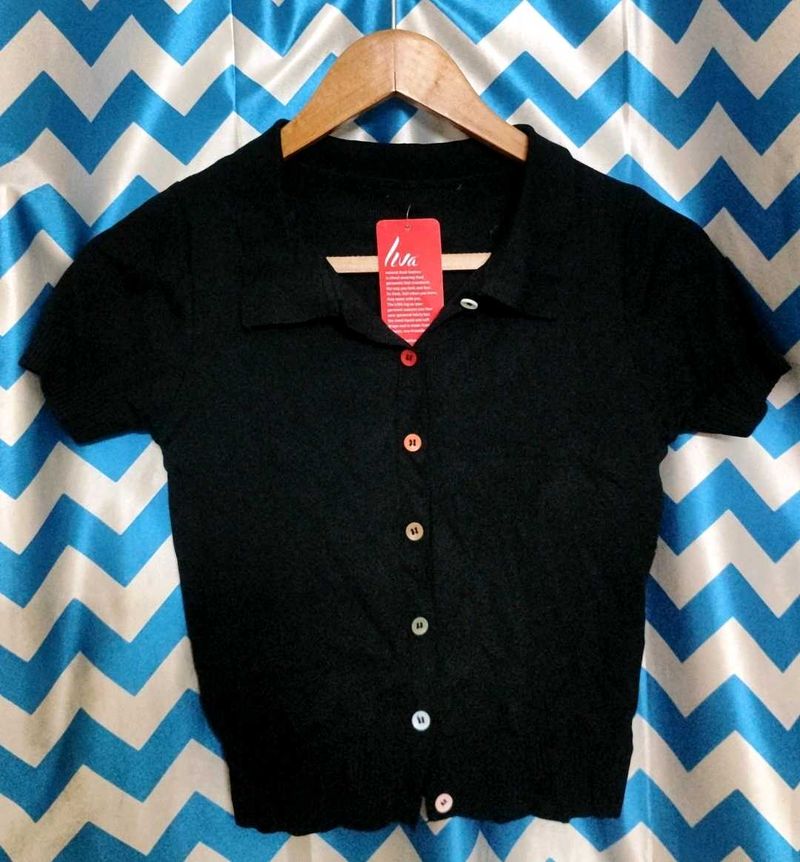 Black Button-Up Short Sleeve Top