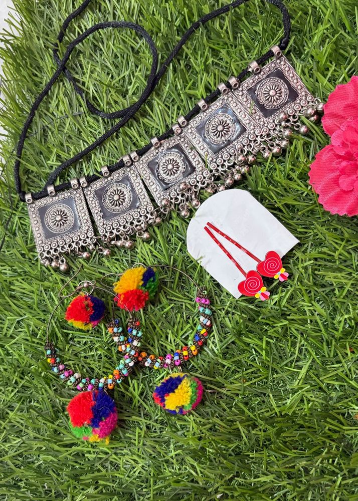 Boho Oxidized Silver &amp; Tassel Jewellery Set