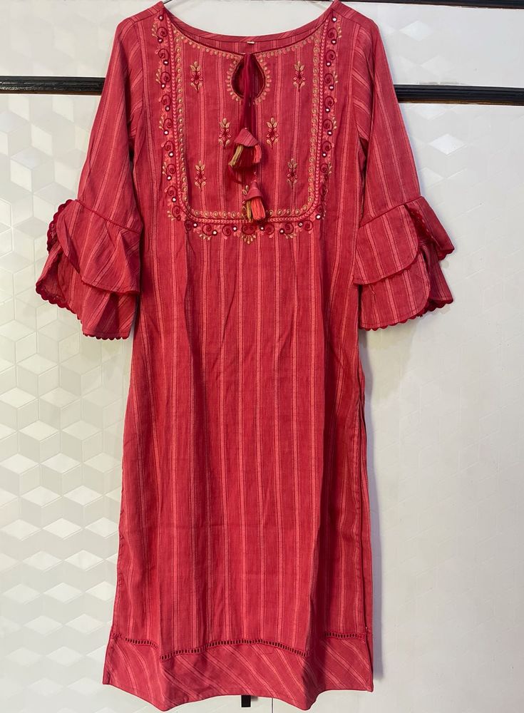 Raddish Striped Embroidered Kurta with Bell Sleeve