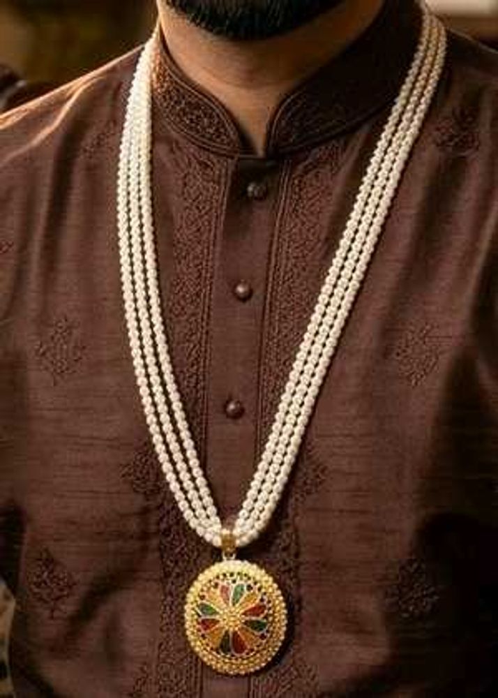 Men's Faux Pearl Necklace with Gold Plated Pendant