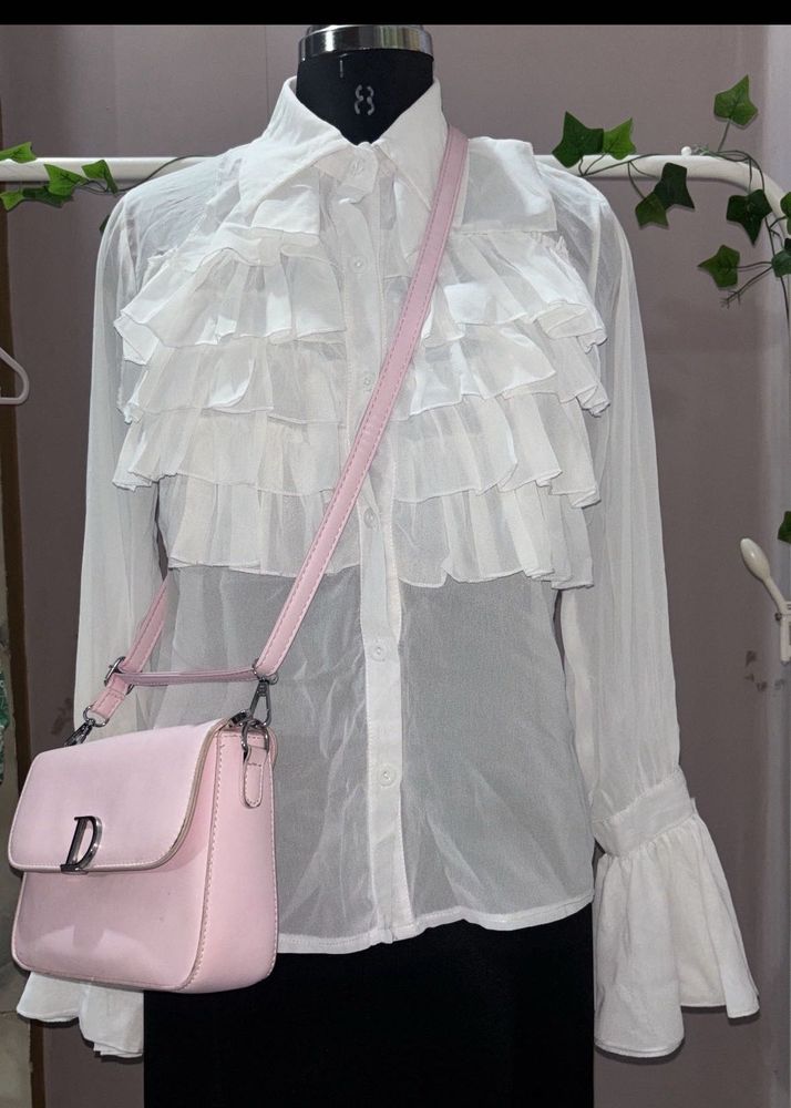 Chic Ruffle White Sheer Blouse