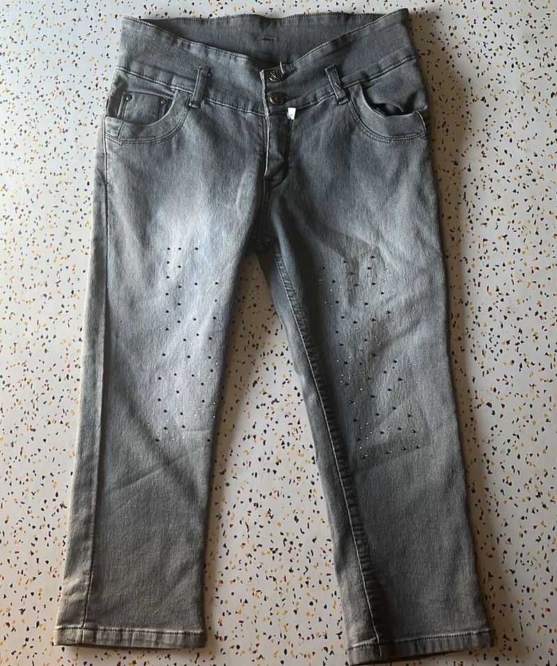 Gray Capri Embellished Jeans