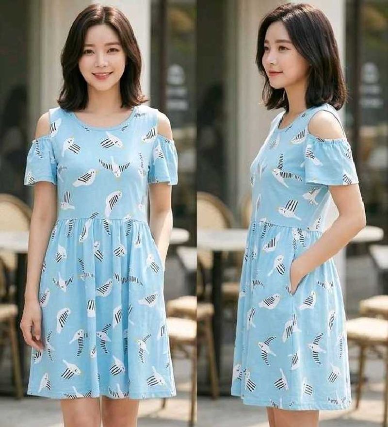 Cute Bird Print Cold Shoulder Dress