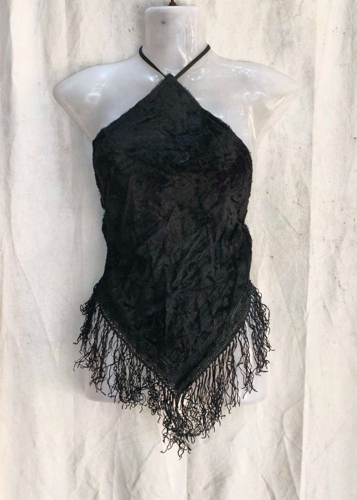 Black Halter Neck Fringe Top