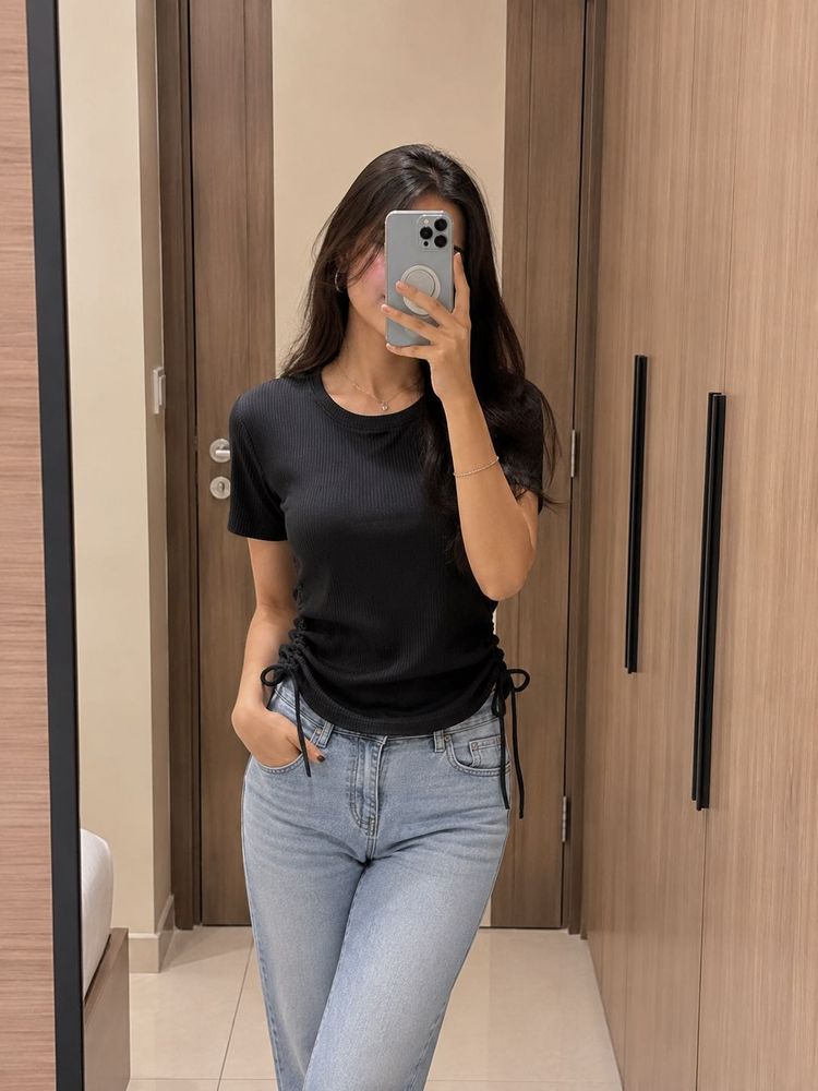 Black Ribbed Ruched Top