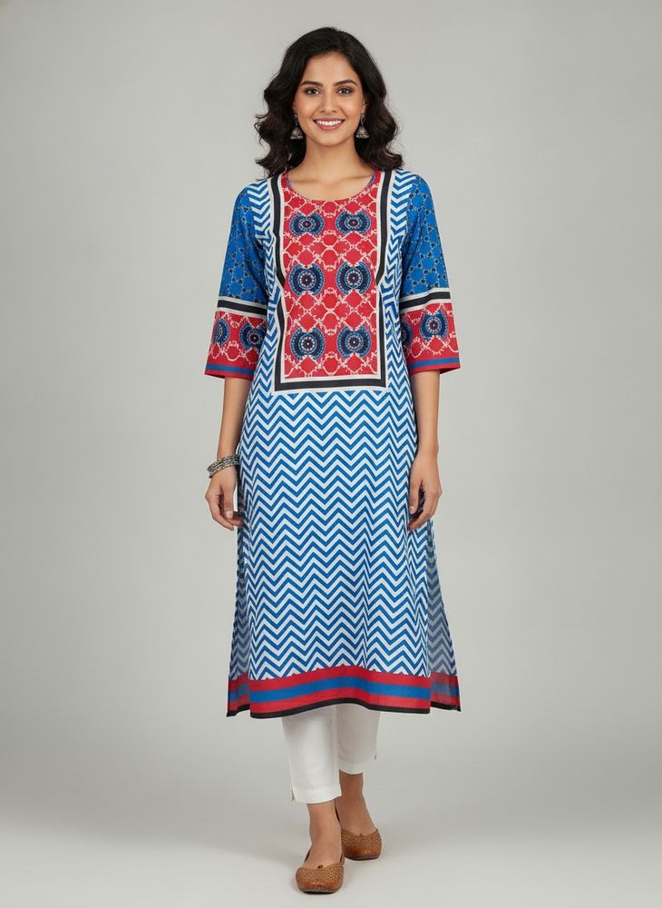 Vibrant Blue &amp; Red Chevron Kurta
