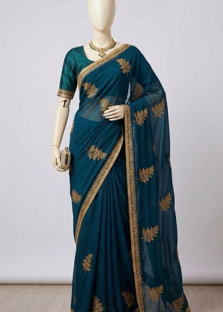 Elegant Teal Saree with Gold Embroidery