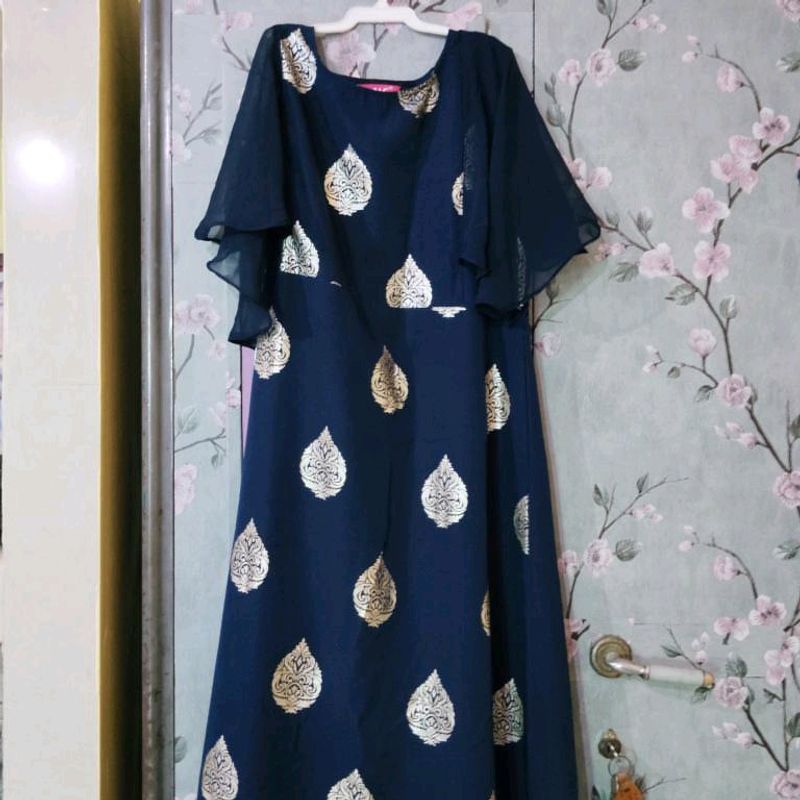 Elegant Navy Blue Maxi Dress with Gold Print