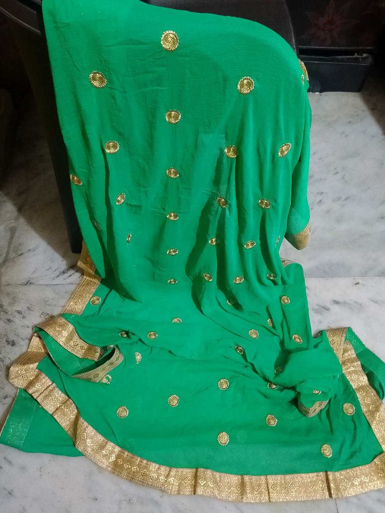 Emerald Green &amp; Gold Embroidered Saree