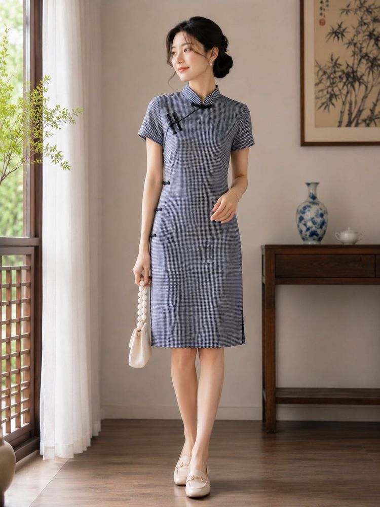 ✨SALE✨Blue Gingham Mandarin Collar dress