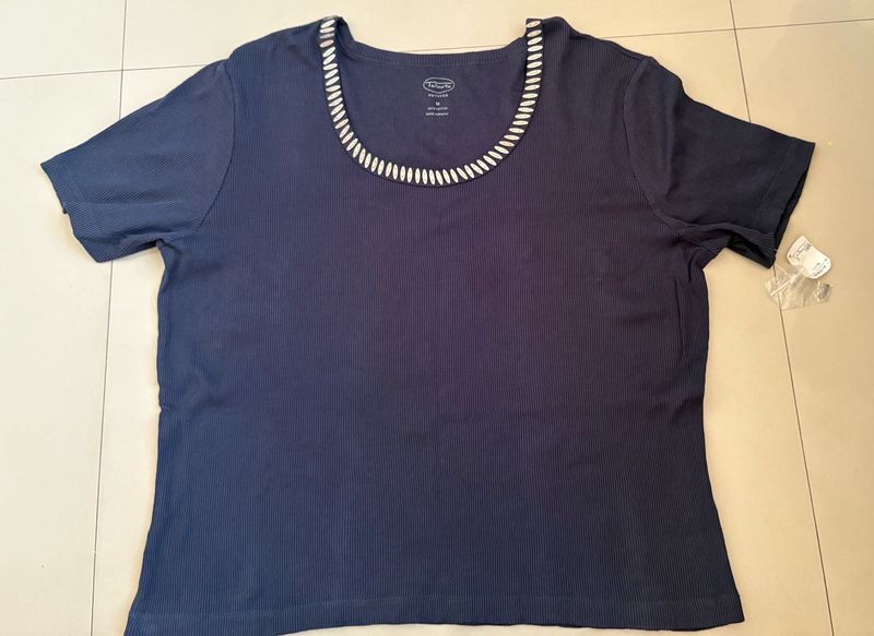 Navy Blue Beaded Neckline T-Shirt