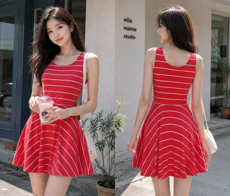 Red &amp; White Striped Sleeveless Mini Dress