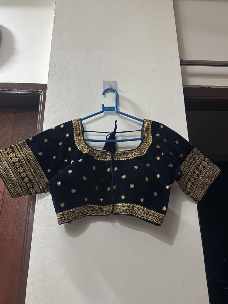Navy Blue Embroidered Velvet Blouse