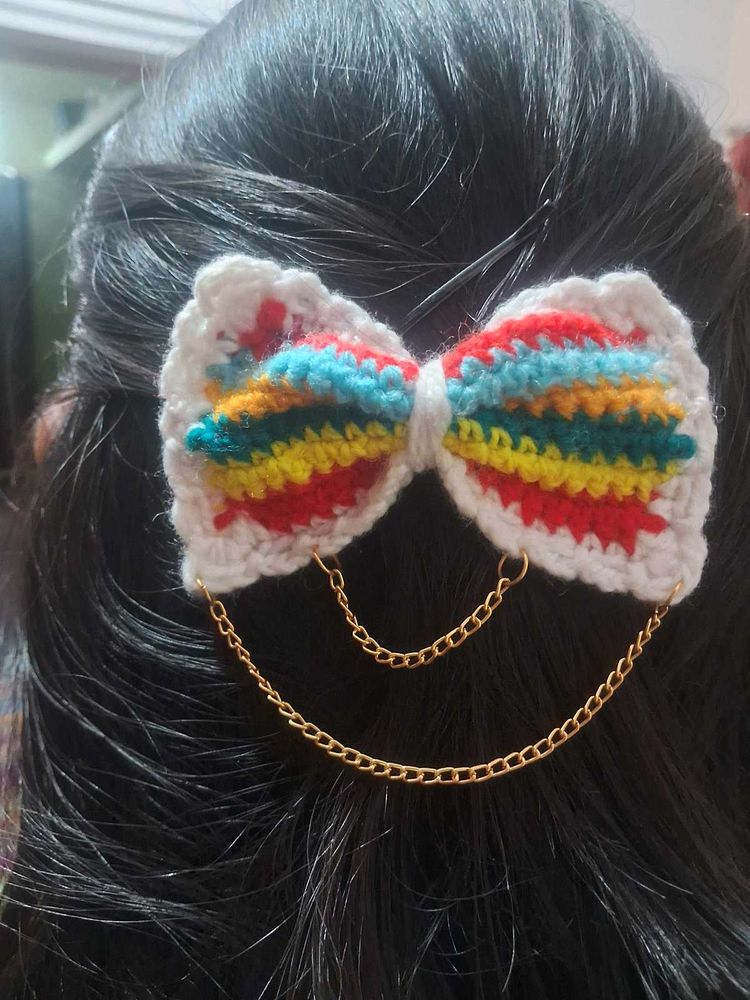 Handmade Crochet Rainbow Bow Hair Clip🌈
