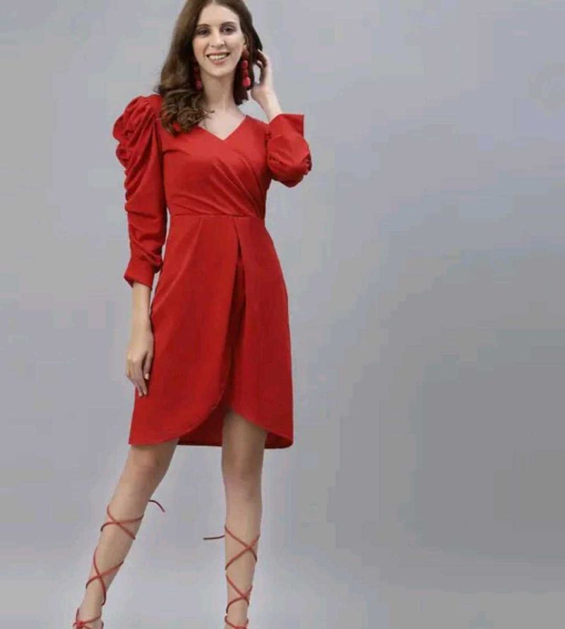 Chic Red Puff Sleeve Wrap Dress