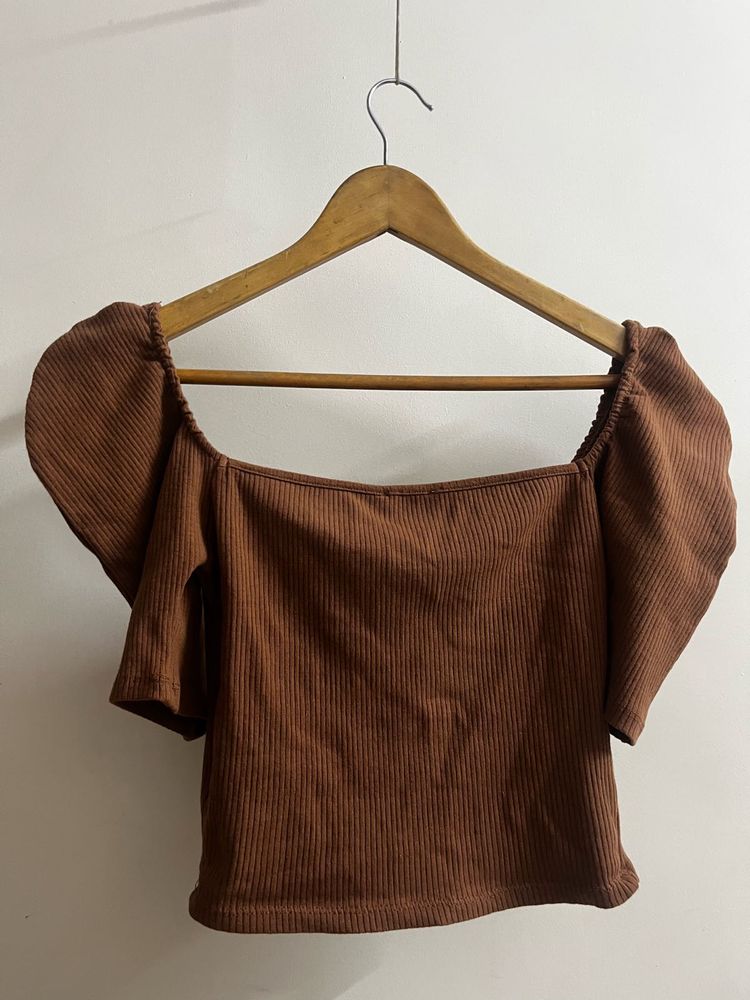 Brown Off-Shoulder Ribbed Top